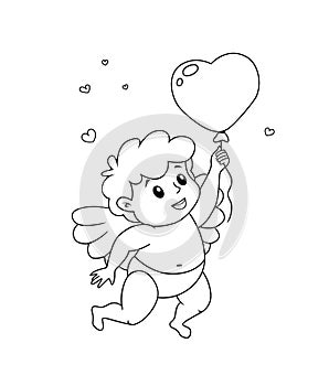 Cute cartoon Cupid with balloon in heart shape. Illustration for a Valentine`s Day. Black and white vector illustration for colori photo